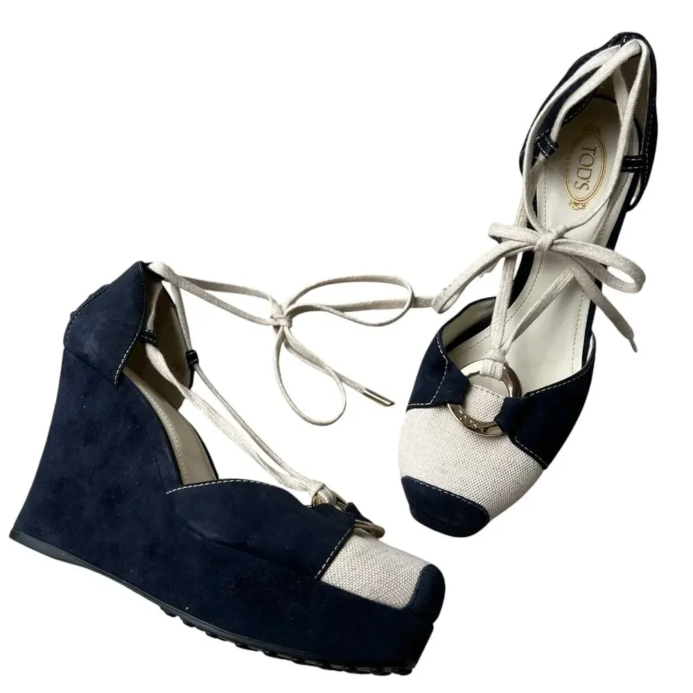 Tod's Made in Italy Nautical Wedge Heels Sz 38.5 As-Is